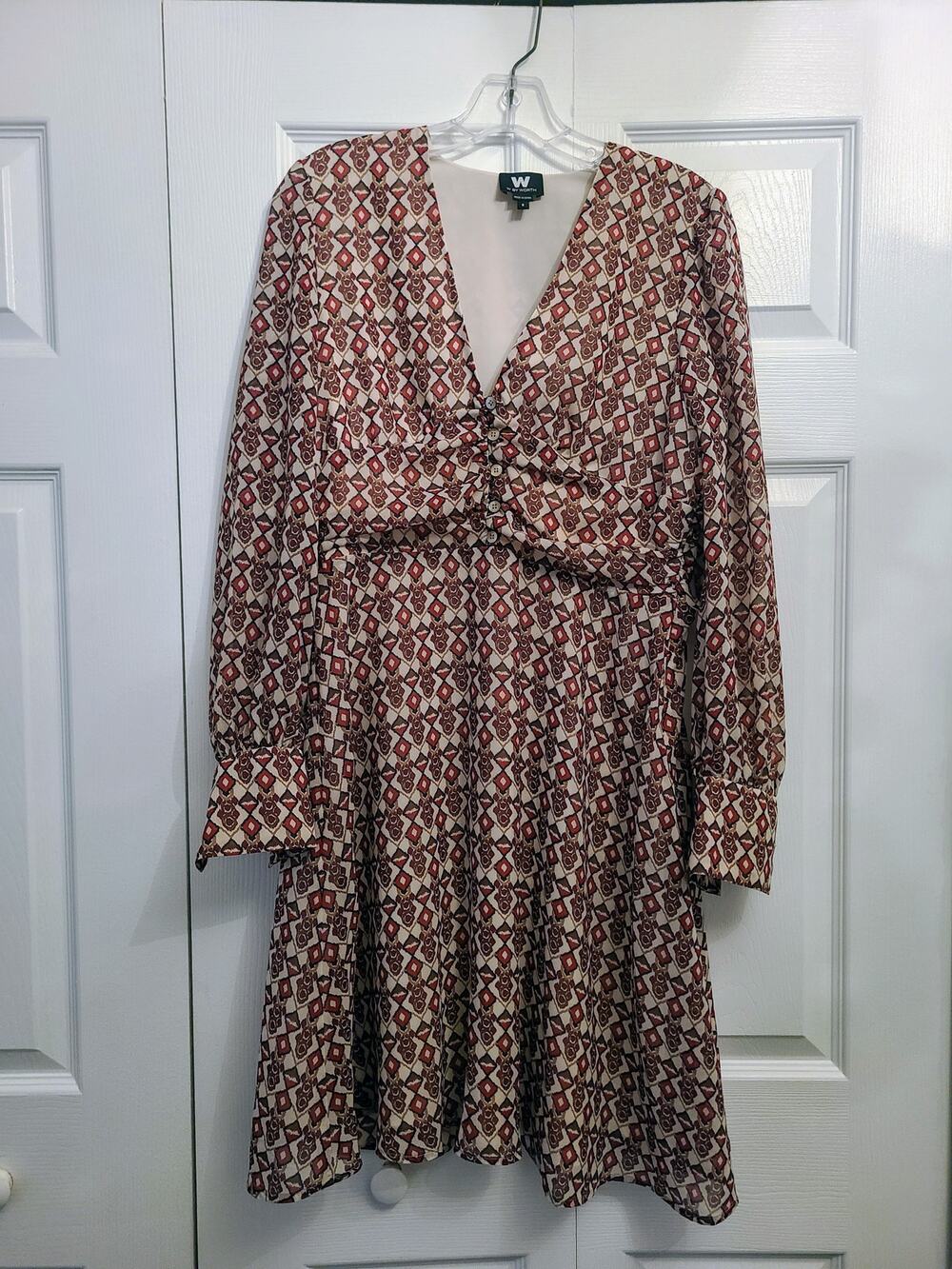 NWOT W by WORTH Cream Red Long Sleeve Geometric Boho V-Neck Dress 6